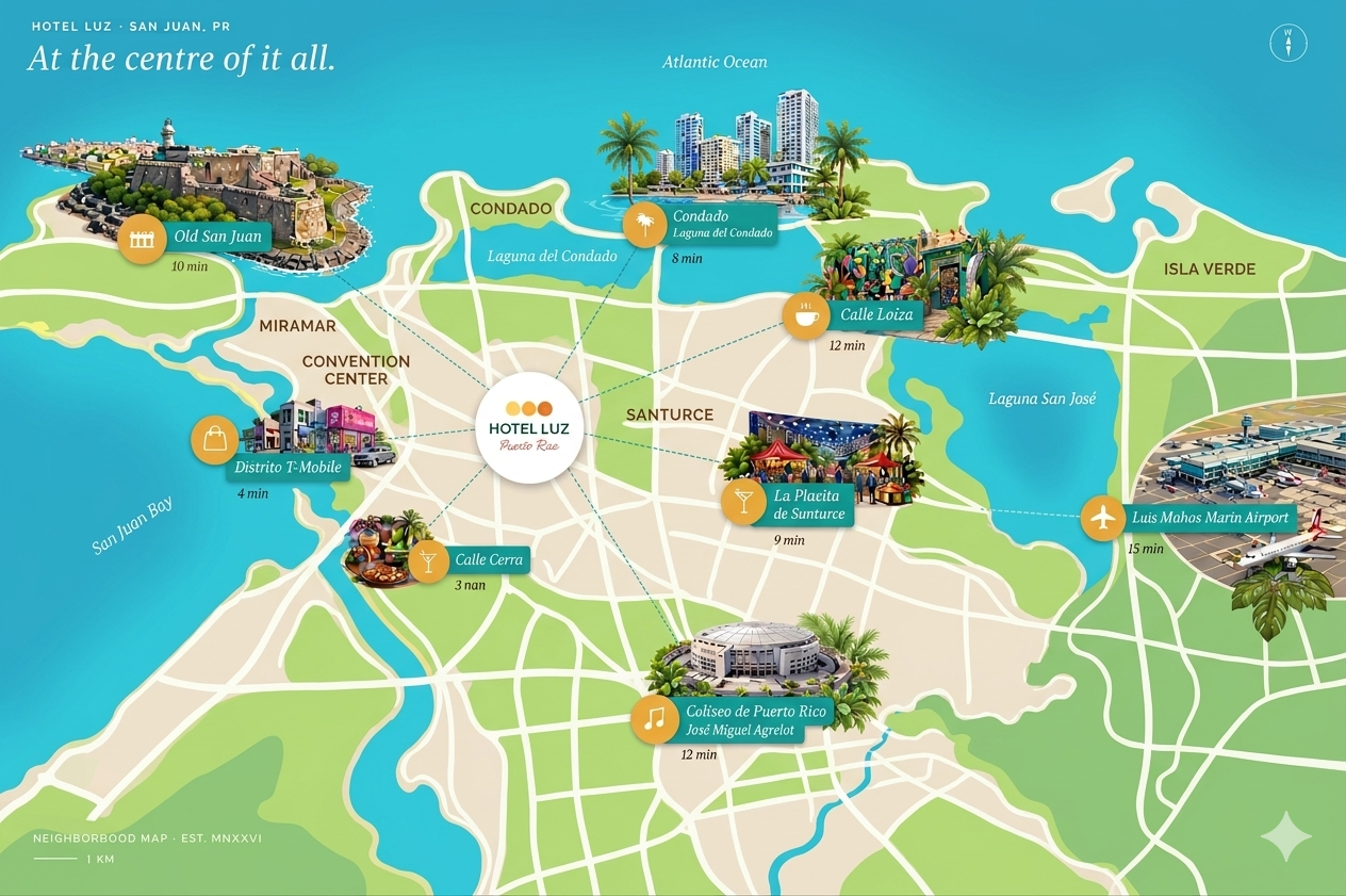 Illustrated map of San Juan with Hotel Luz at the center and pins for Old San Juan, Condado, La Placita, Calle Cerra, Calle Loiza, Cultura de Puerto Rico, and Luis Munoz Marin Airport