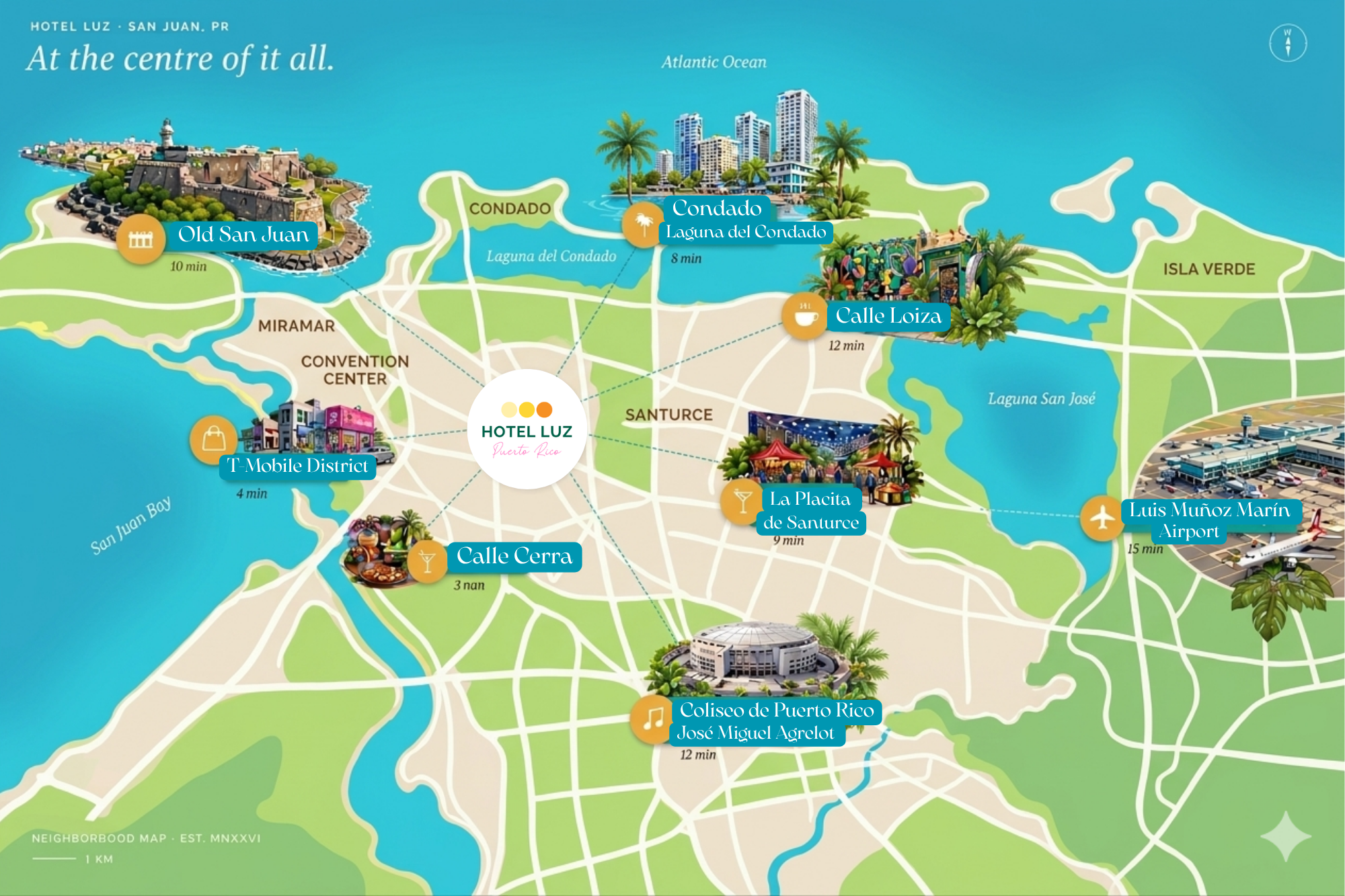 Illustrated map of San Juan with Hotel Luz at the center