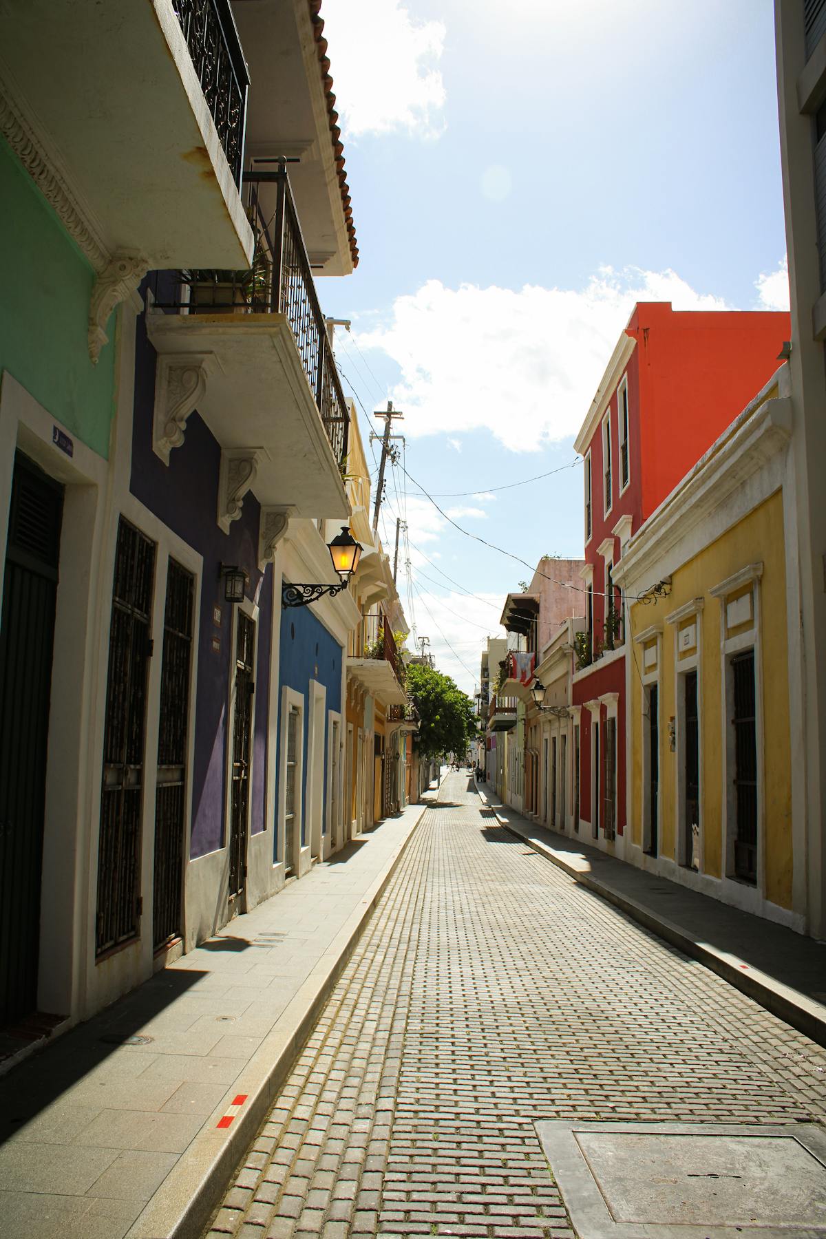 Colorful buildings and palm trees on a sunny street in Puerto Rico